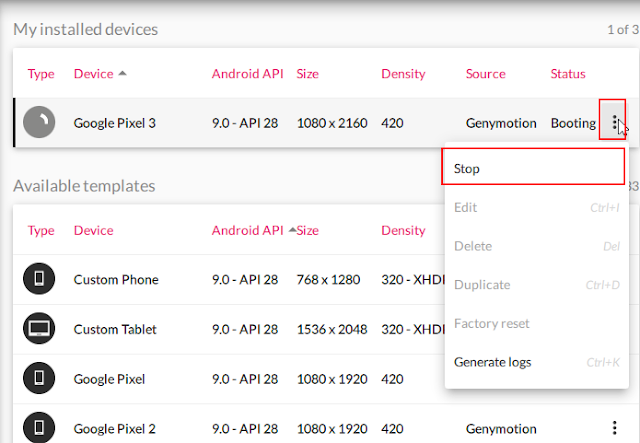 Mengatasi masalah status Device di Genymotion 3 yang tetap Booting. Genymotion 3.0.1 device status keep Booting