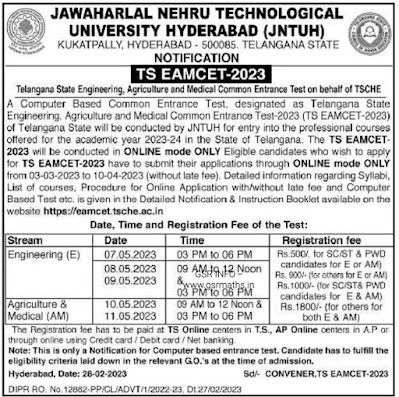 TS EAMCET Notification 2023 Apply Online