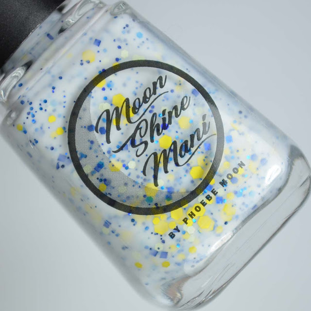 white crelly nail polish with blue and yellow glitter