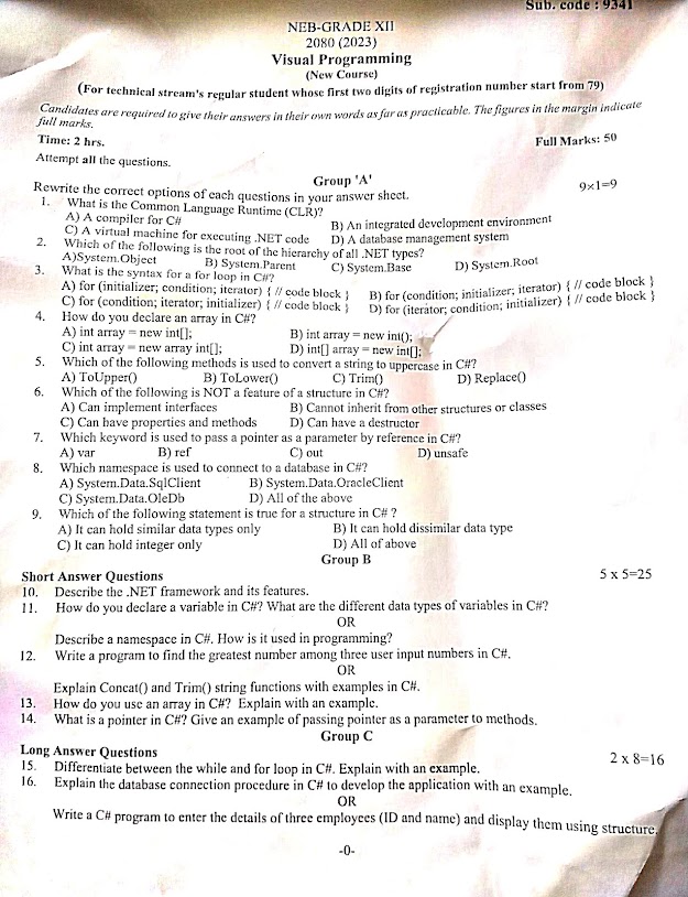 Class 12 Visual Programming Board paper 2080