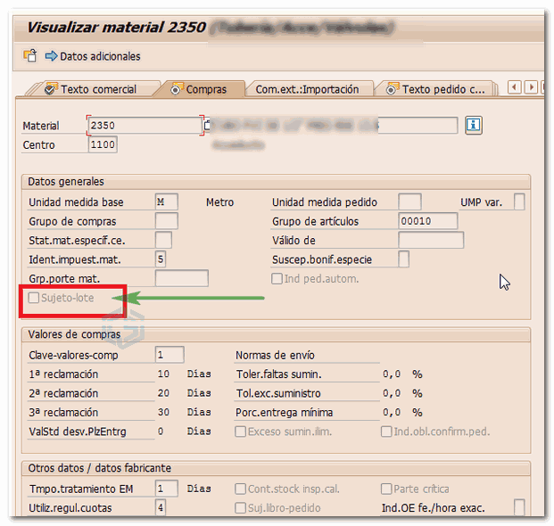 Material Sujeto Lote Compras SAP
