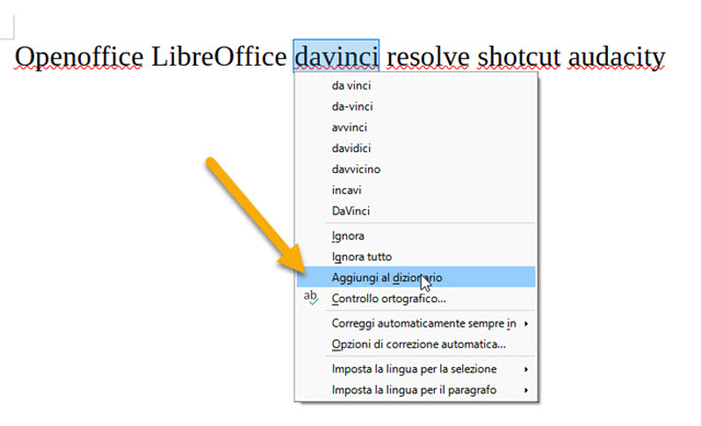 aggiunta di parole al dizionario di libreoffice