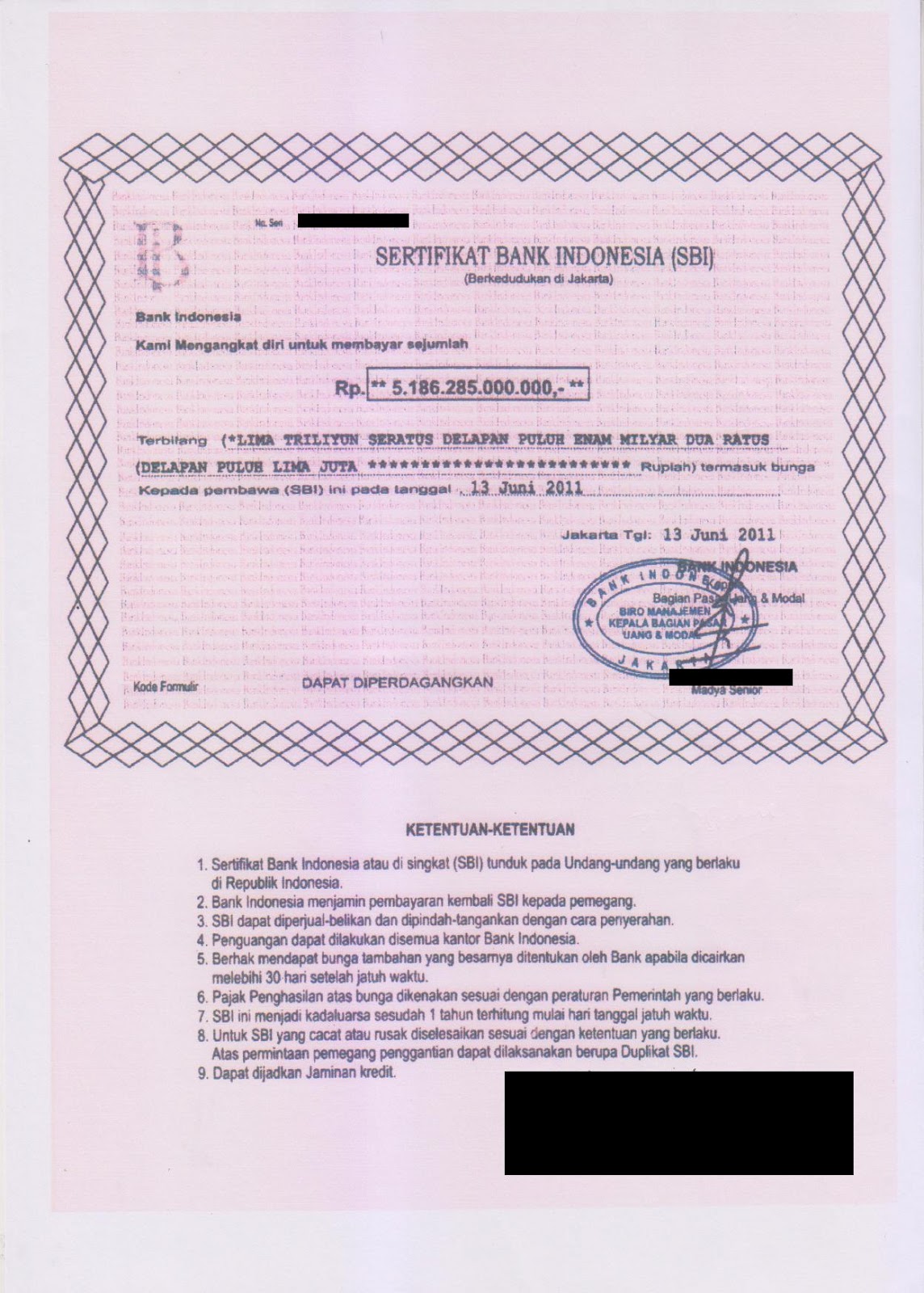 Dokumen Sertifikat Bank Indonesia (SBI) yang banyak 