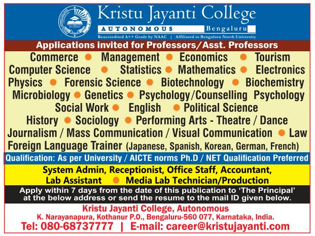 Kristu Jayanti College Biotech/Biochemistry/Microbiology Faculty Jobs