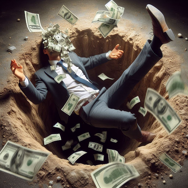 A male executive has fallen into a metaphoric 'debt hole' due to his financial illiteracy by using debt to splurge on his wants.