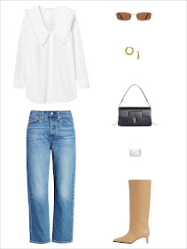 Spring Outfit Idea — Big Collar Trend 2021 — White Large Collared Shirt, Twist Hoop Earrings, Black Shoulder Bag, Straight-Leg Jeans, Beige Tall Boots