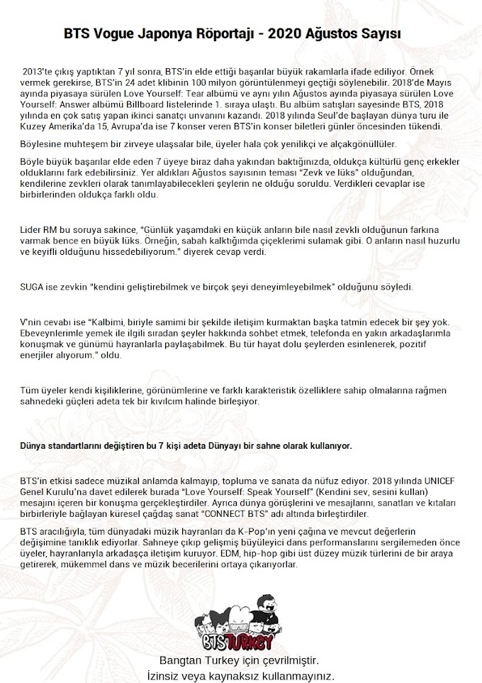 [ÇEVİRİ] BTS Vogue Japonya Röportajı - 2020 Ağustos Sayısı