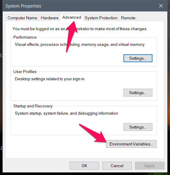 حدد التبويب Advance, والنقر فوق Environment Variables