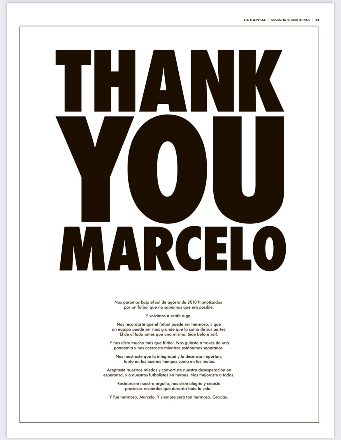 Leeds fans pay tribute to Marcelo Bielsa with full-page ad in Argentinian newspaper La Capital