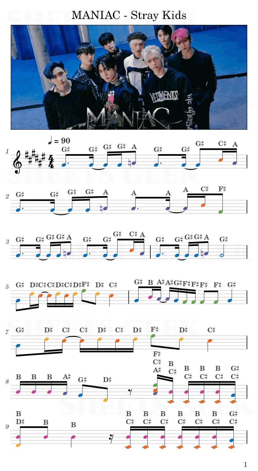 MANIAC - Stray Kids Easy Sheet Music Free for piano, keyboard, flute, violin, sax, cello page 1