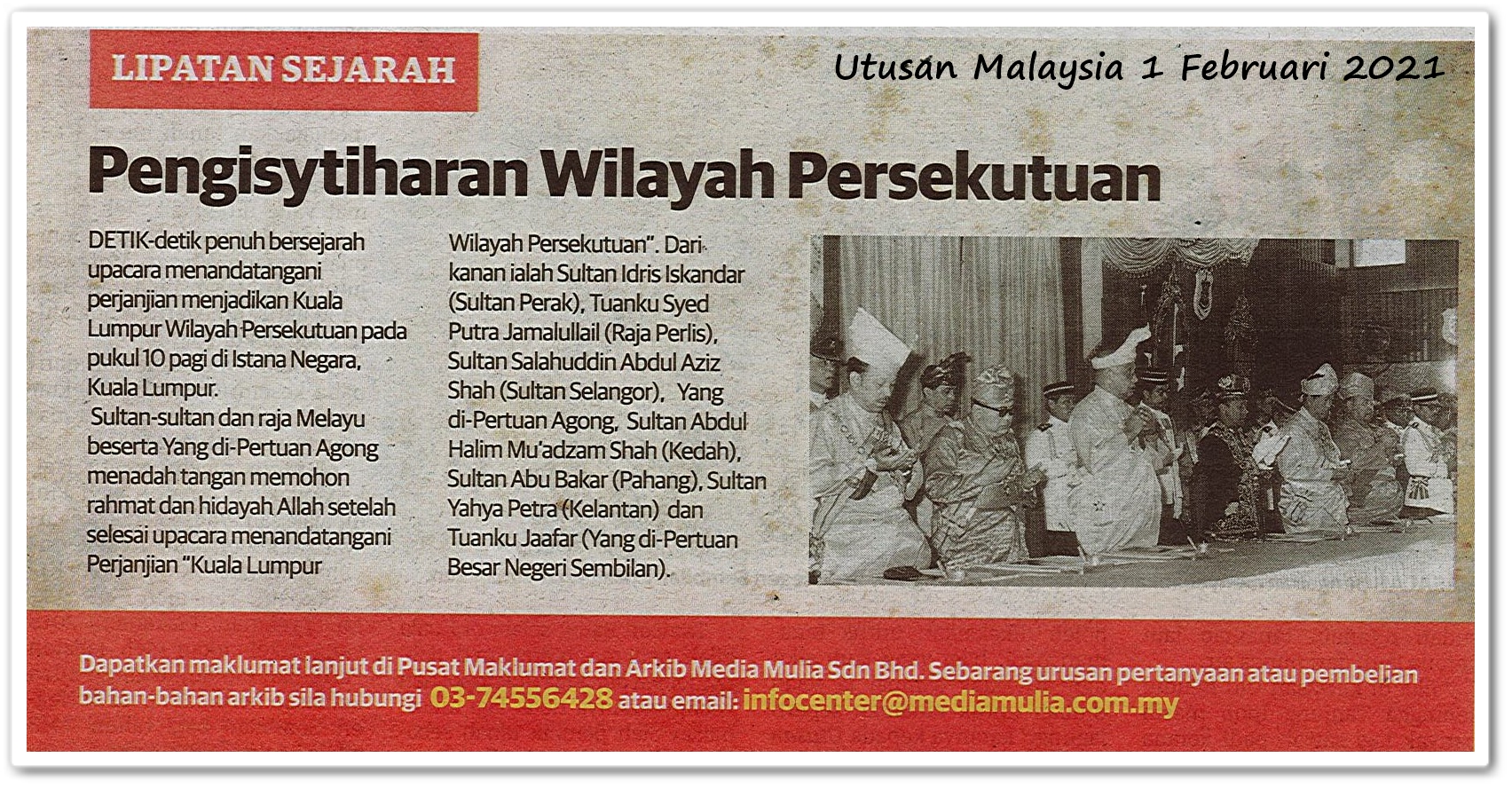 Lipatan sejarah ; Pengisytiharan Wilayah Persekutuan - Keratan akhbar Utusan Malaysia 1 Februari 2021