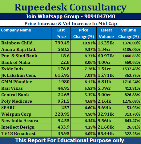 Price Increase & Vol Increase In Mid Cap