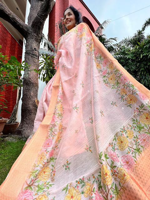 Silk Chanderi digital printed saree. Cheerful floral print with zari pallu and border.