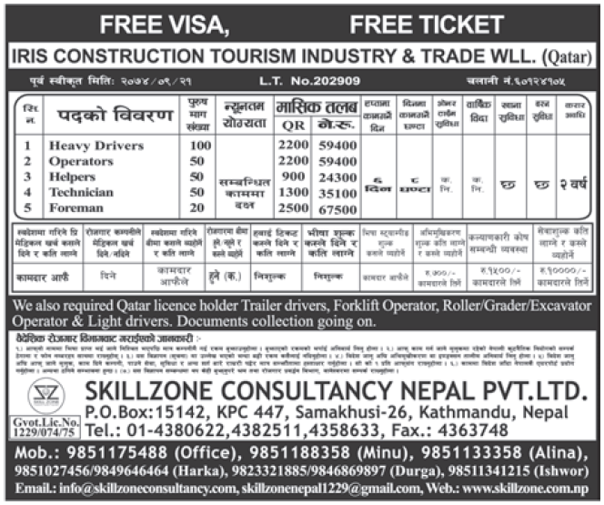 Free Visa Free Ticket Jobs in Qatar for Nepali, Salary Rs 67,500