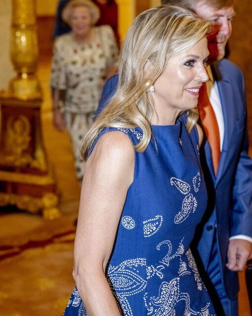 Queen Maxima wore a new Josie piqué cotton and stencil pattern sleeveless dress by Natan. King Willem-Alexander and Princess Beatrix
