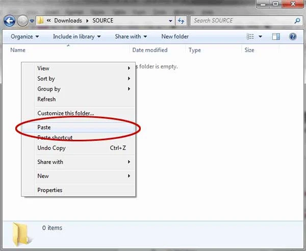 Navigate back to the “SOURCE” folder. Right-click anywhere inside of the big white area and from the menu, select Paste.