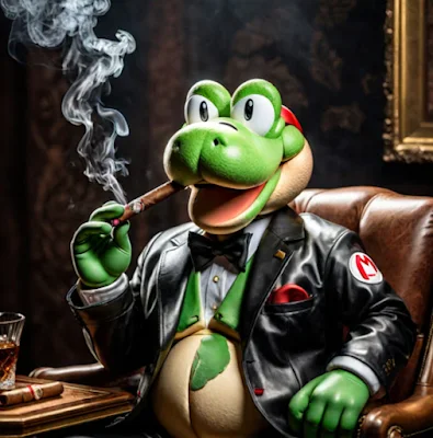 Yoshi from super Mario Bros smoking a cigar and wearing a black leather suit