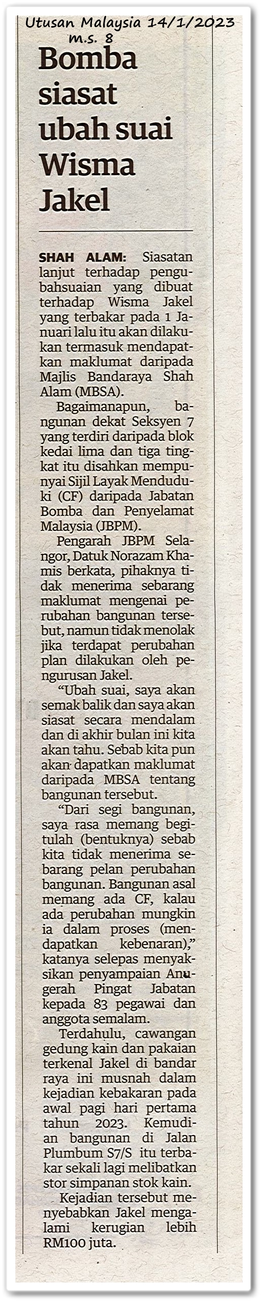 Bomba siasat ubah suai Wisma Jakel - Keratan akhbar Utusan Malaysia 14 Januari 2023
