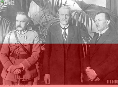 Piłsudski, Mościcki, Bartel, zaprzysiężenie prezydenta, II RP, flaga Polski, biało-czerwoni, patriotyzm