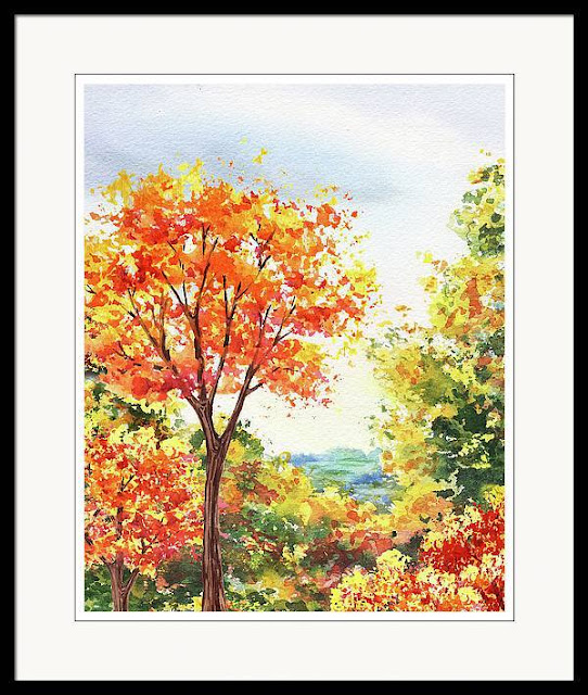 Autumn Fall Trees In The Park Watercolor Landscape by Irina Sztukowski