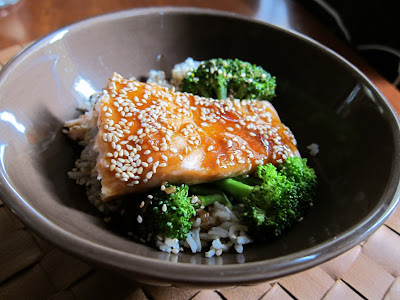 Asian Salmon over rice with broccoli and a lime soy sauce