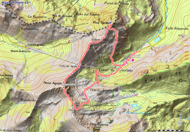 Ruta Pico Toneo y Peña Agujas:Mapa de la ruta estación de esquí San Isidro, Agujas, Toneo