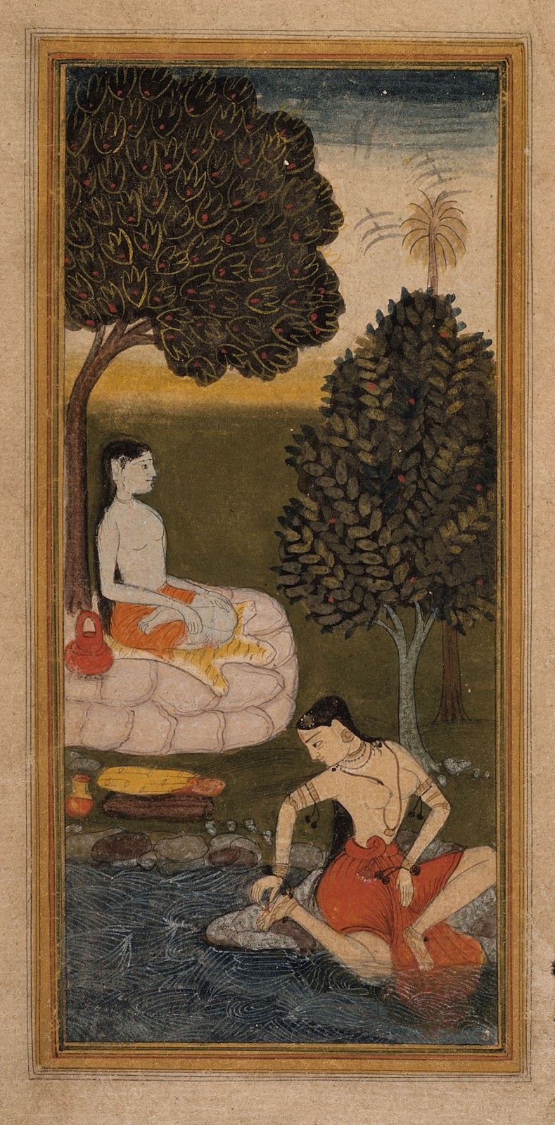 An Ascetic Sitting under a Tree and a Woman Plucking a Thorn from her Foot, Folio from a Sukra Rambha Samvada  - Mughal Painting, Early 17th Century