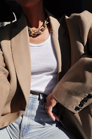 @shhtephs Instagram Outfit Idea — Stephanie Arant with a chunky gold chain necklace, tan blazer, ribbed white tank top, and high-waisted jeans