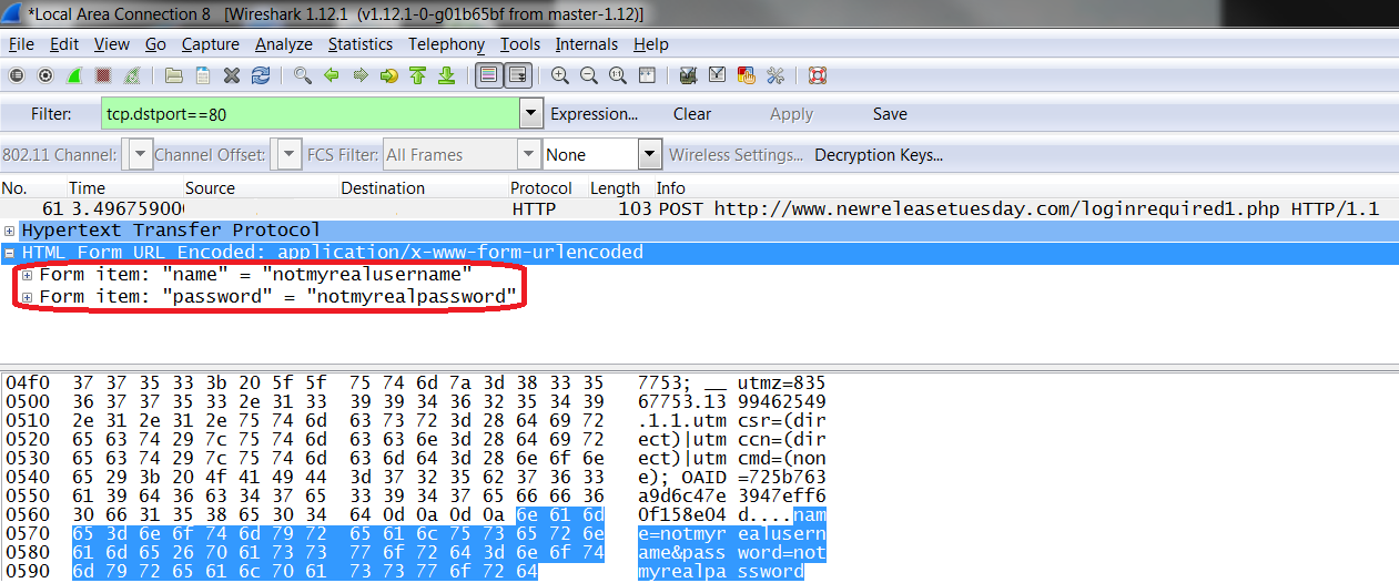 The New Release Tuesday login page does not use HTTPS, thus a Wireshark capture of the conversation shows the username and password in clear text.