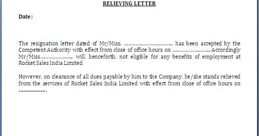 Relieving Letter Format for Employee