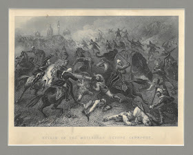 Battle scene captioned "Attack on the Mutineers before Cawnpore"