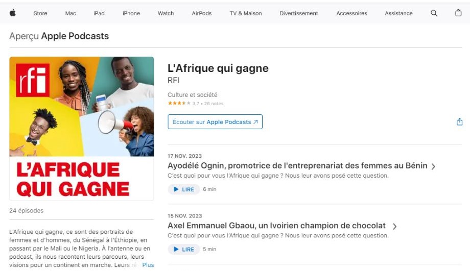 écran affichant apple podcasts afrique