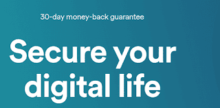 Says 30-day money-back guarantee Secure your digital life in light blue coloured with white colour letters