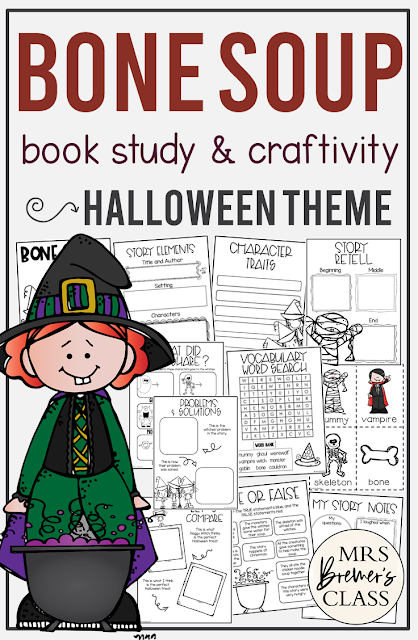 Bone Soup book activities unit with literacy companion printables, reading comprehension worksheets, lesson ideas, and a craft for Halloween in Kindergarten and First Grade