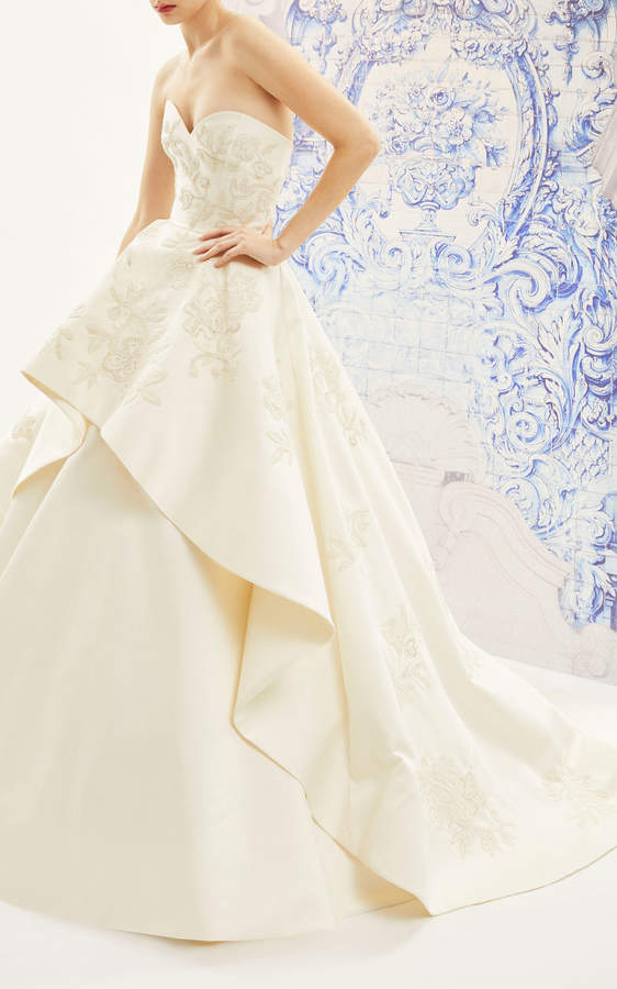 Carolina Herrera Bridal Ivonne Strapless Silk Ballgown with floral Embroidered Tiered Skirt