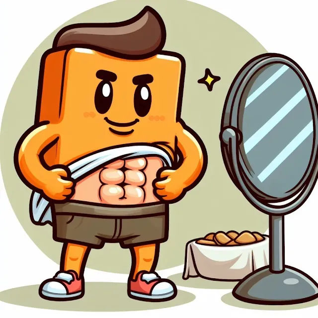 Abdominales definidos ante el espejo. Caricatura