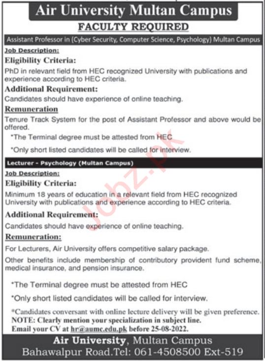 Latest Air University Teaching Posts Multan 2022