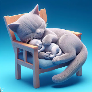 Prompt bing image creator ai - Buatkan gambar 3D kucing yang sedang tidur, berada di kursi sambil memeluk boneka lucu