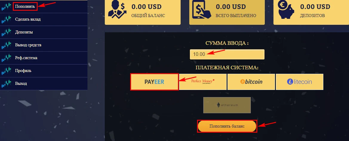 Пополнение баланса в Tradex Invest