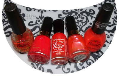 Nicole by OPI ‘Have a Heart’, Revlon ‘Craving Coral’, Sally Hansen Xtreme Wear ‘Crushed’, Revlon ‘Kiss me Coral’, and Nicole by OPI ‘Hello World’