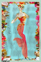 Sexy mermaid coral fin on fabric block mermaid quilt panel haute couture by vintagemermaidsfabricblocks.com