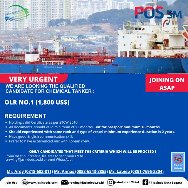 Info Cans Pelaut 1st Engineer, Oiler VLCC Chemical Tanker April 2024