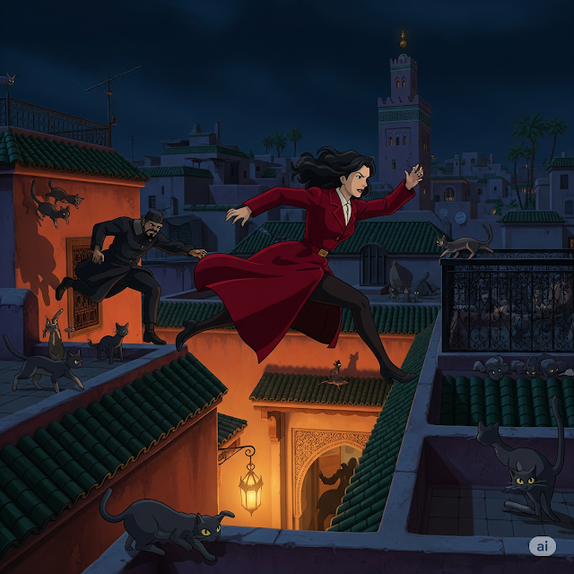 Woman runs across rooftops under moonlit night sky