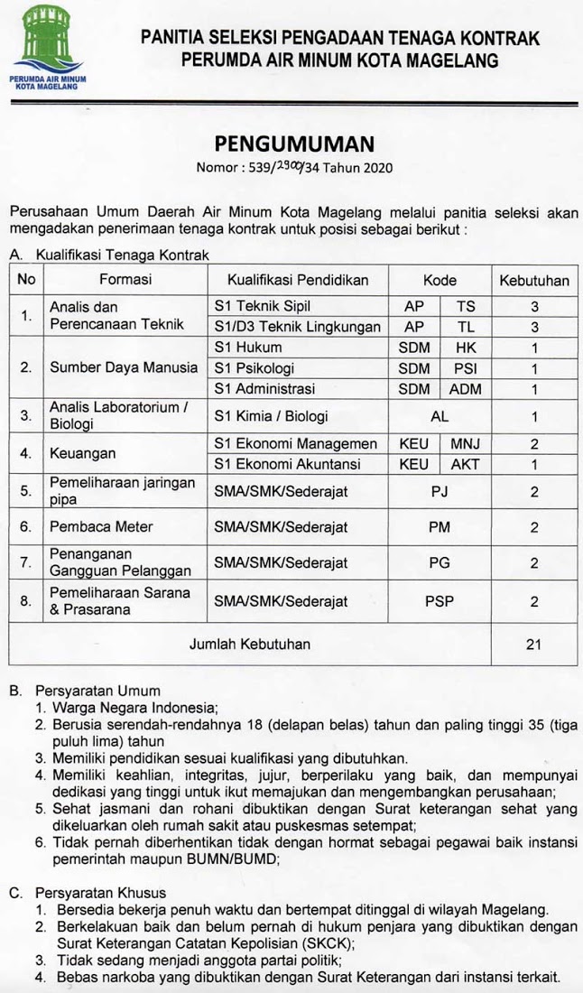 Lowongan Kerja SMK SMA D3 S1 PDAM Kota Magelang November 2020