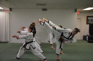 Martial arts black belts performing side kicks and spear finger strikes