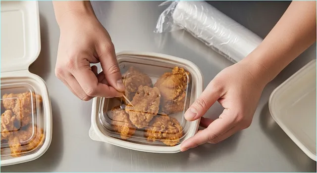 한국 음식점 주인이 튀김이 눅눅해지지 않도록 치킨이 담긴 포장 용기 뚜껑에 이쑤시개로 작은 구멍을 뚫고 있는 클로즈업 사진.