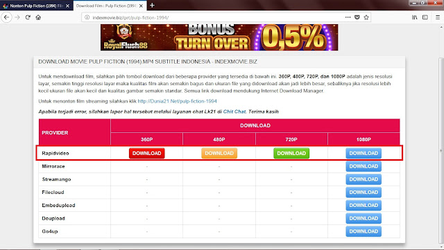 Nha...Sobat tinggal pilih Server dan kualitasnya. (Contoh RapidVideo )