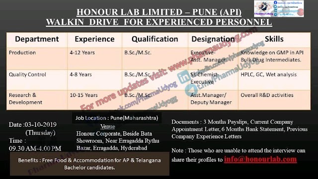 Honour Labs | Walk-in at Hyderabad for Production-QC-RnD | 3 Oct 2019 | Pharma Jobs