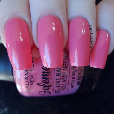 A swatch photo showing two coats of Madam Glam "Haters Gonna Hate," a hot pink creme polish