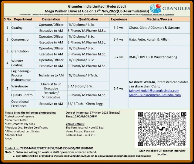 Granules India Limited | Walk-in interview at Goa for OSD Mfg/WH/QC/PE/OE on 27th November 2022
